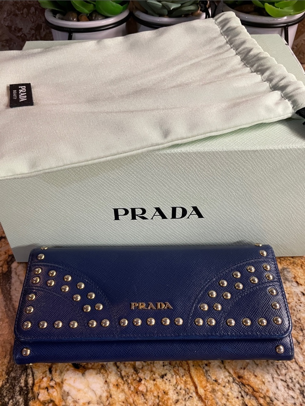 Prada Navy Saffiano Leather Studded Continental Wallet with Gold Hardware